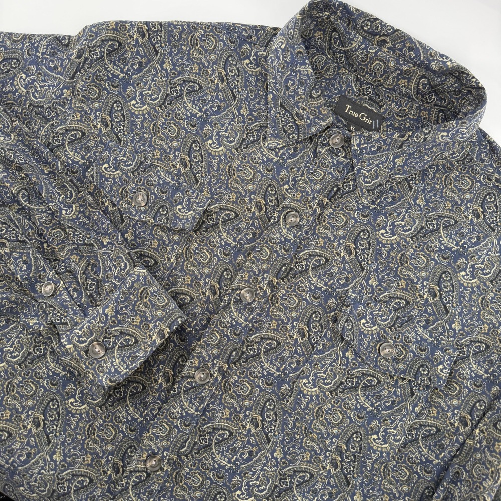 Vintage True Grit Button Down Shirt Mens XL Navy Paisley Long Sleeve Flap Pocket